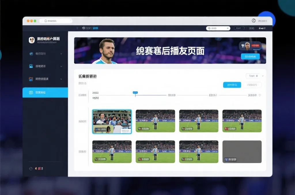 比赛结束后，电视屏幕展示集锦回放页面，旁边有时间轴和多角度切换提示